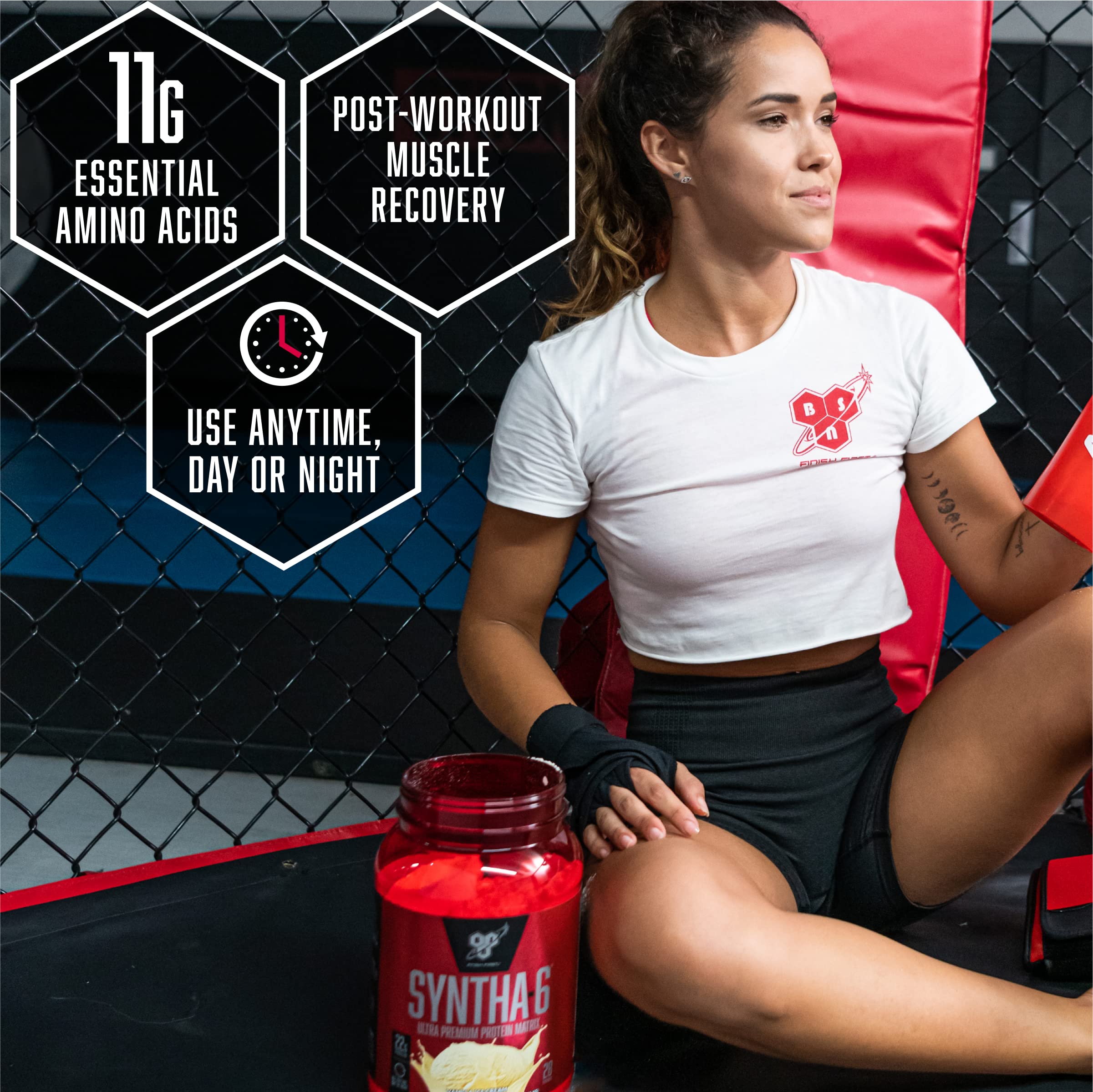 BSN SYNTHA-6 EDGE shaker bottle with powder emphasizes quick mix and on-the-go use.