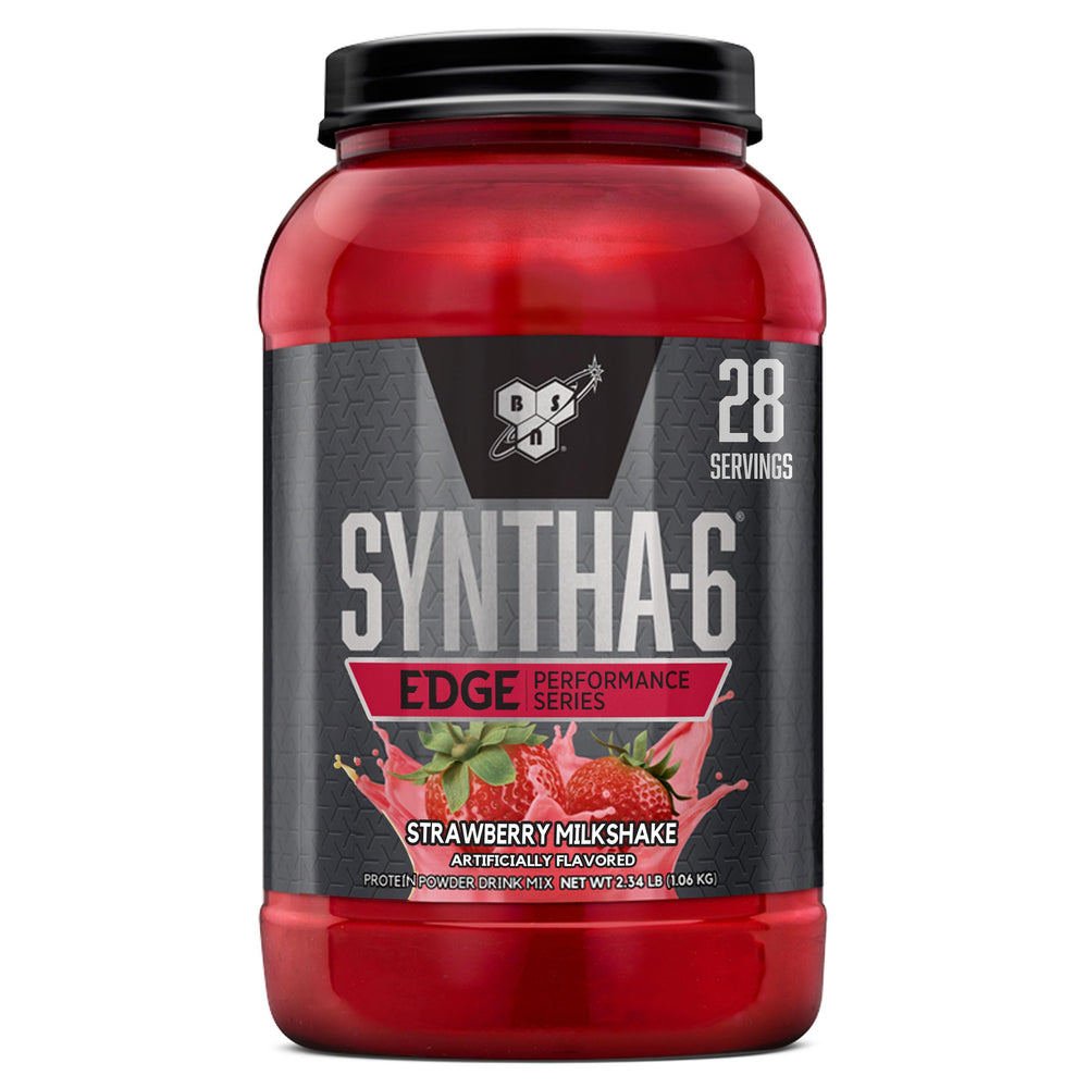 BSN SYNTHA-6 EDGE strawberry milkshake powder with creamy texture and recovery potential.