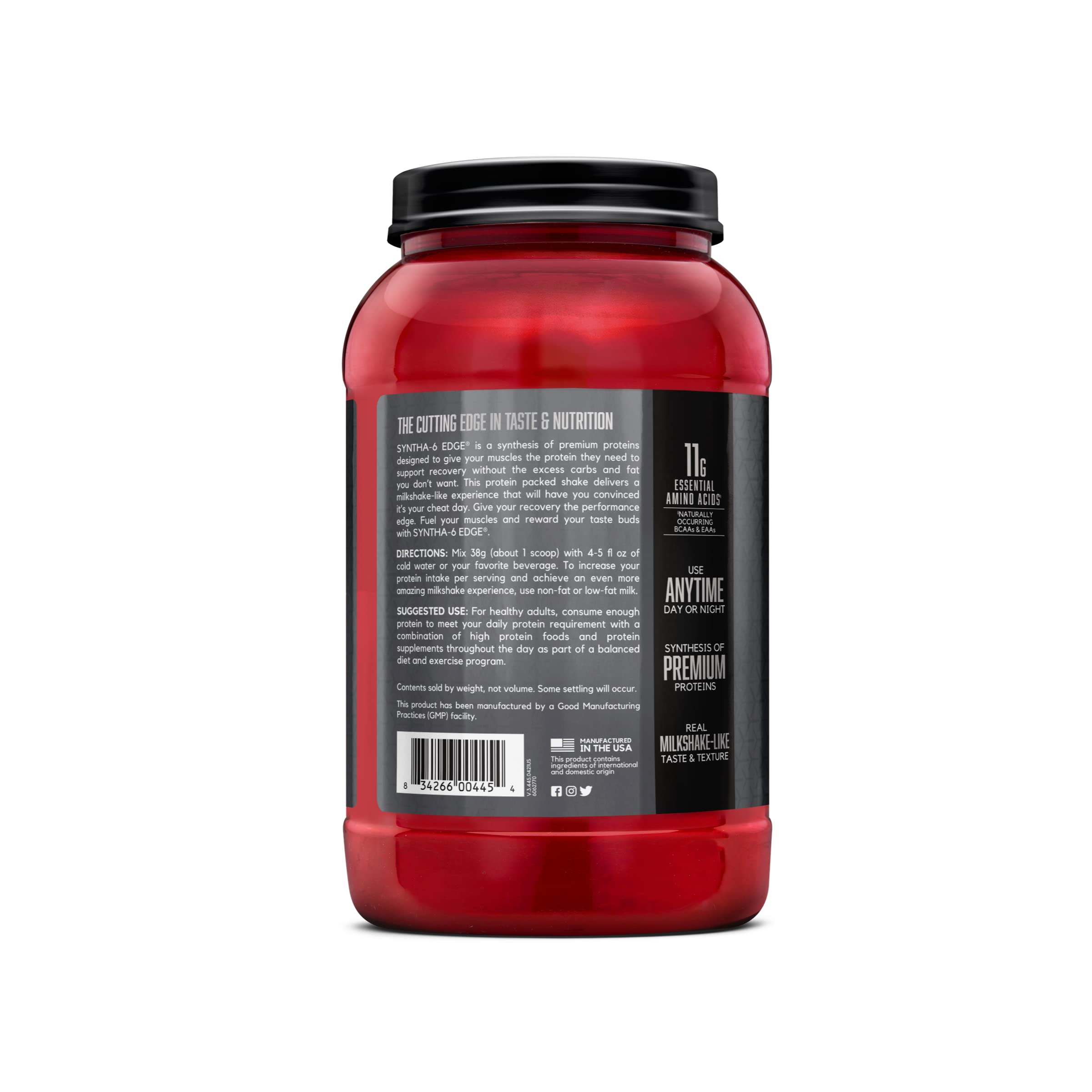 BSN SYNTHA-6 EDGE label close-up, 24g protein per serving highlighted.
