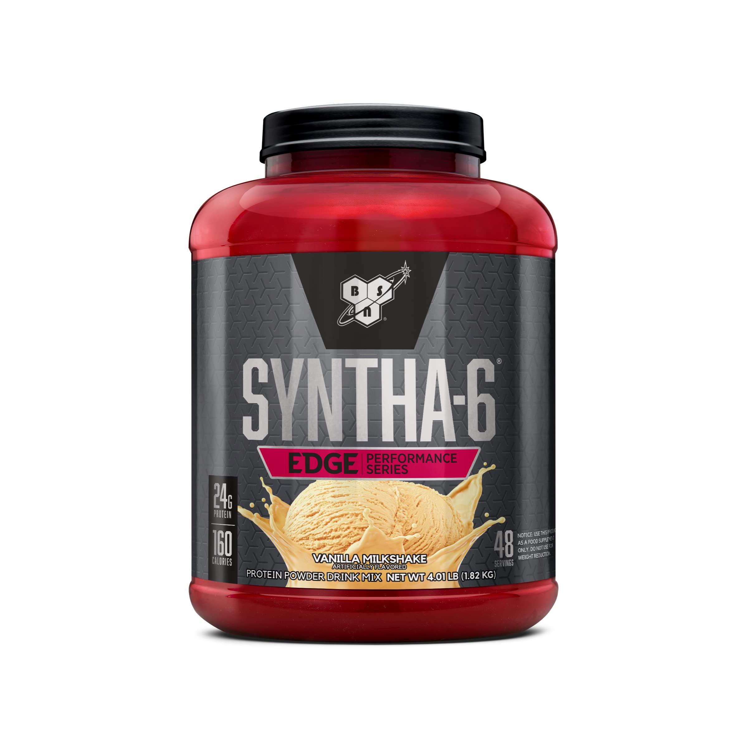 BSN SYNTHA-6 EDGE vanilla tub shows premium protein blend for recovery support