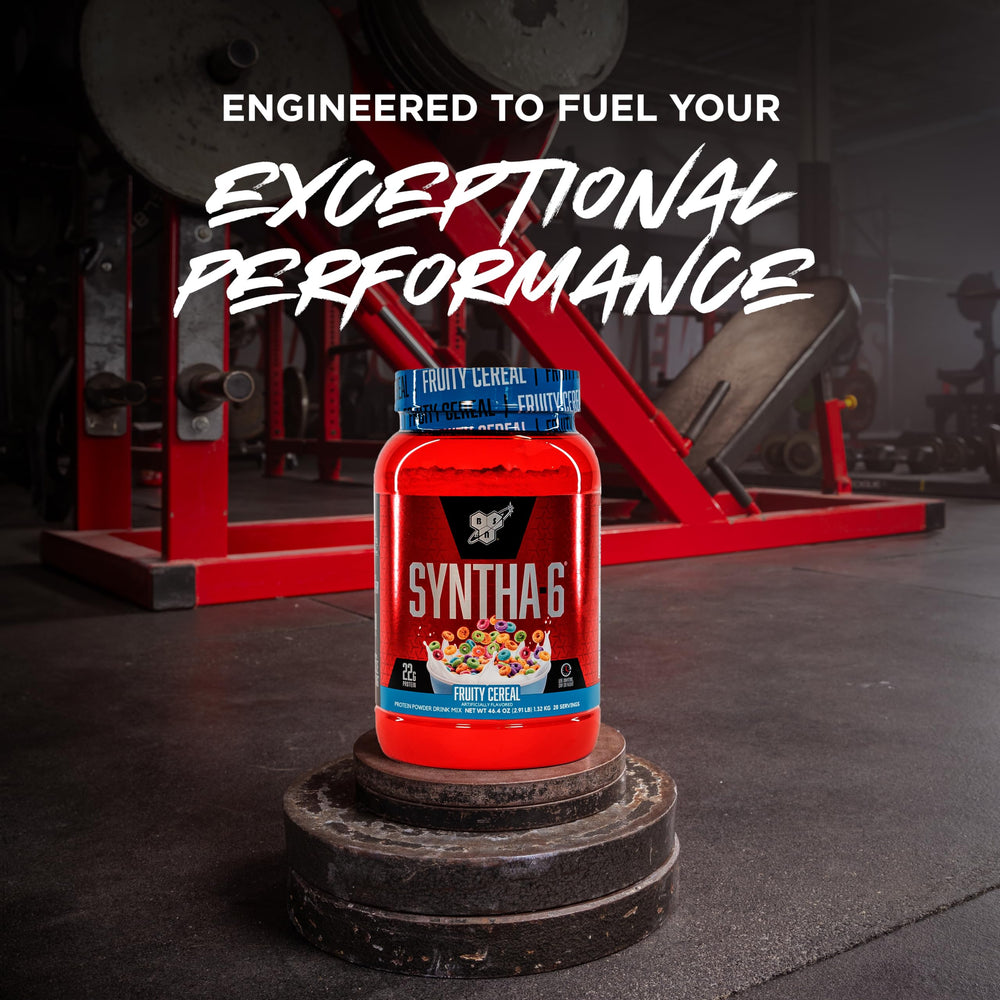 BSN SYNTHA-6 Fruity Cereal flavor visuals emphasize taste and aroma.
