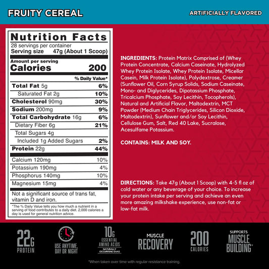 BSN SYNTHA-6 Fruity Cereal shake poured into a glass for post-workout fueling.