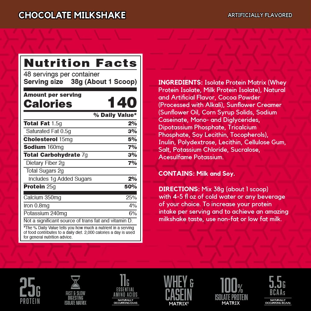 BSN SYNTHA-6 ISOLATE nutrition facts label highlights amino acids and protein per serving.