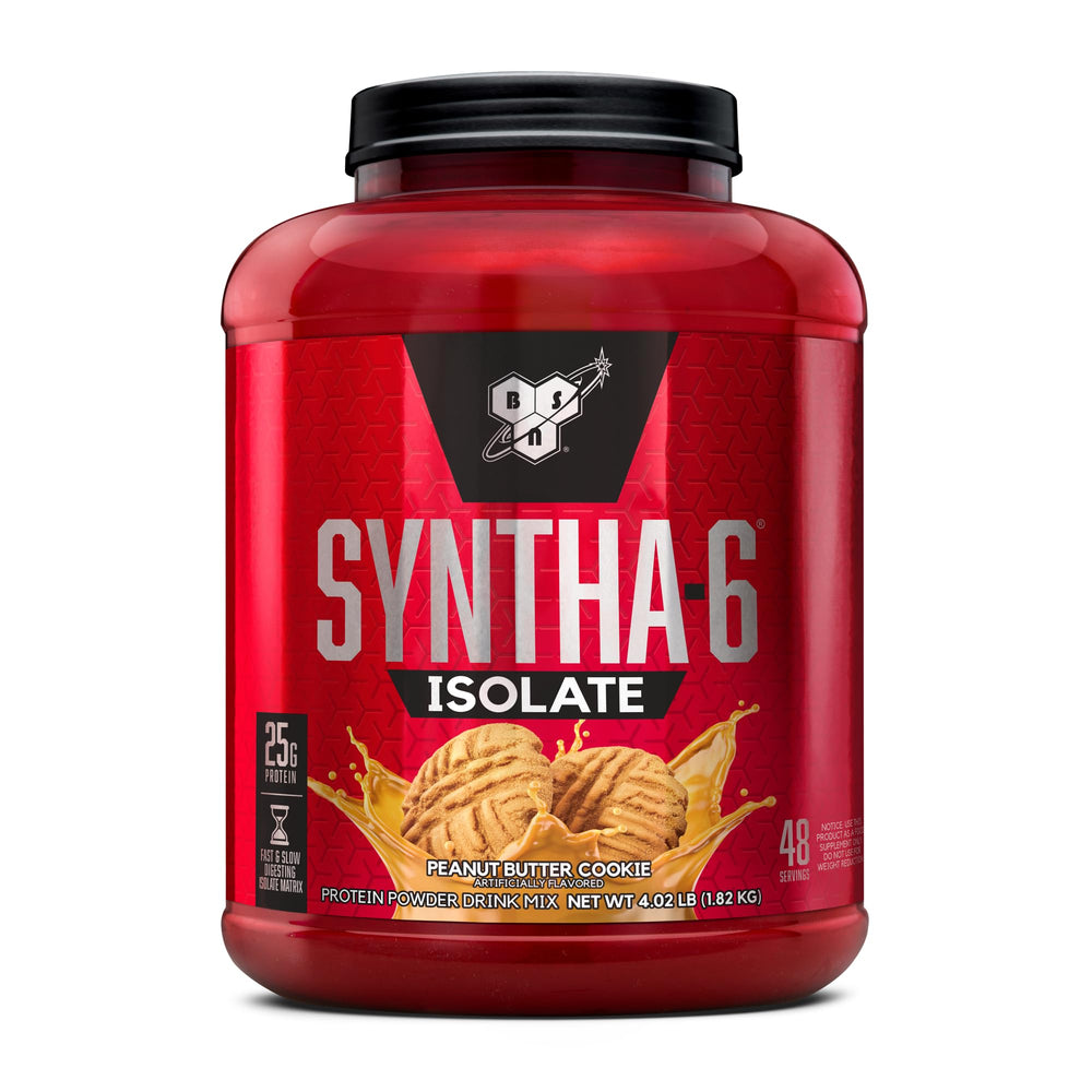 BSN SYNTHA-6 ISOLATE peanut butter cookie jar showing premium protein quality