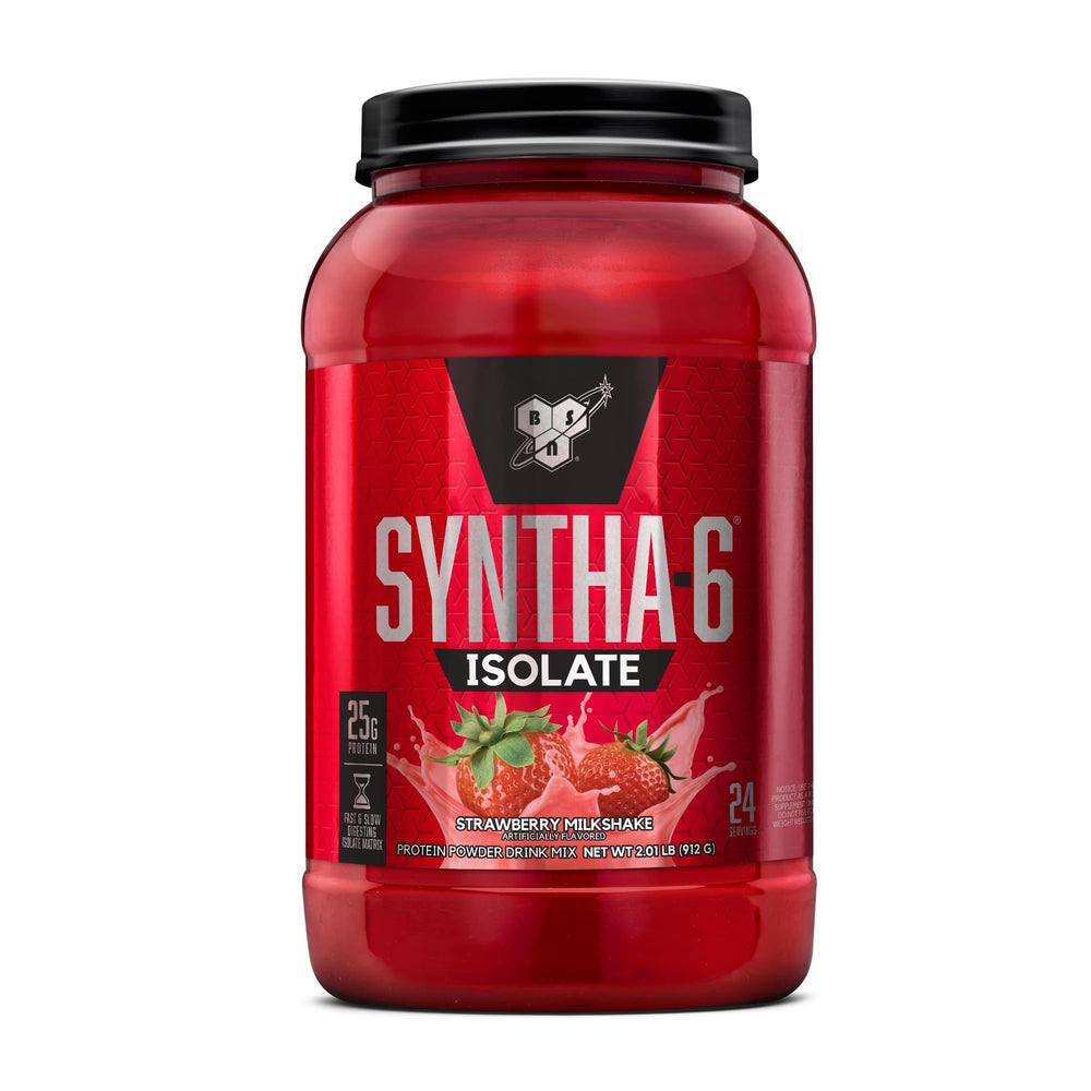 BSN SYNTHA-6 ISOLATE strawberry bottle shows convenient post-workout protein support.