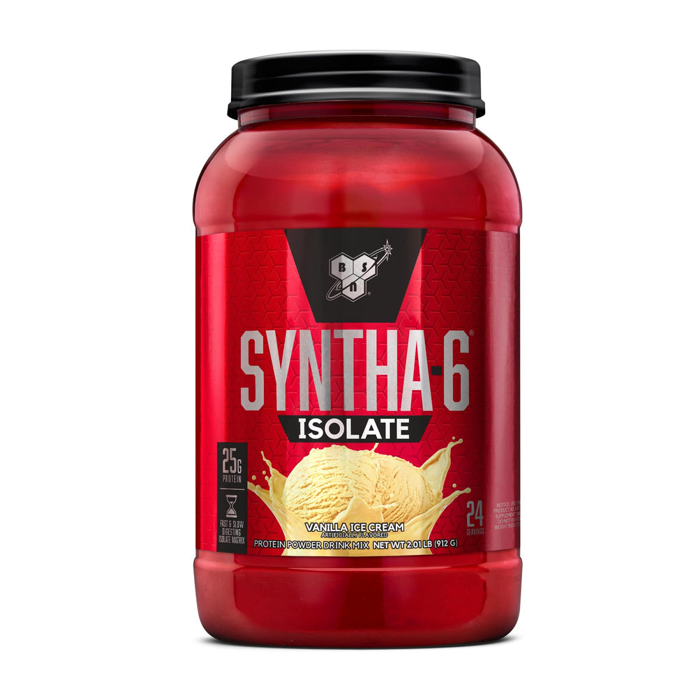 BSN SYNTHA-6 ISOLATE vanilla ice cream powder close-up, highlighting premium protein for recovery.