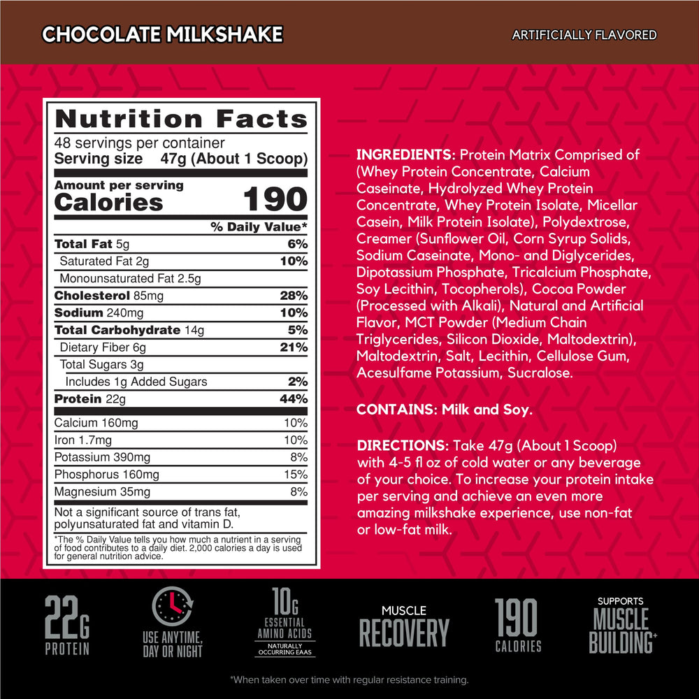 SYNTHA-6 serving scoop beside chocolate shake for convenient post-workout fueling.
