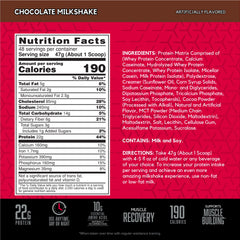 SYNTHA-6 serving scoop beside chocolate shake for convenient post-workout fueling.