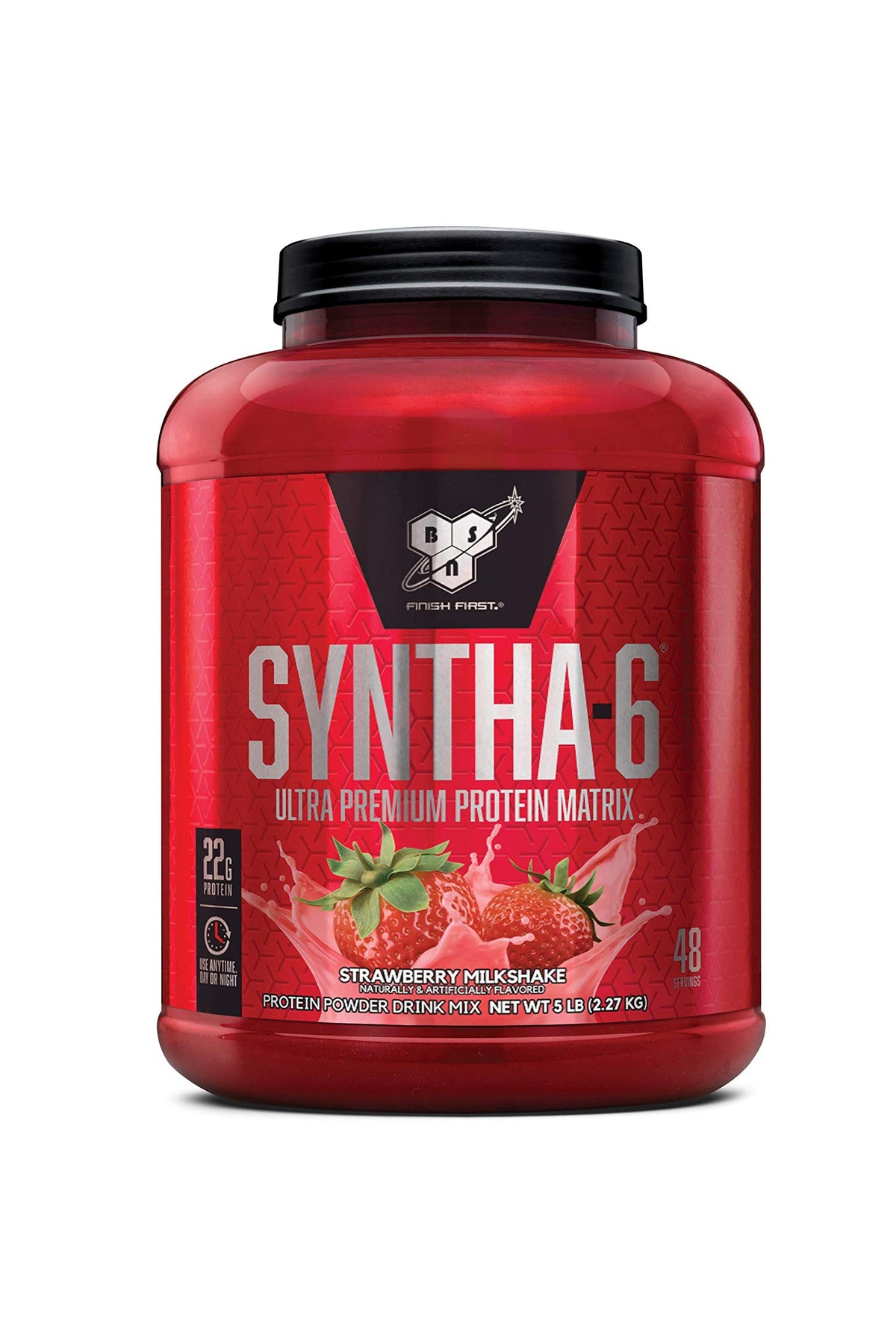 BSN SYNTHA-6 Strawberry Milkshake powder pour showing creamy texture for post-workout recovery