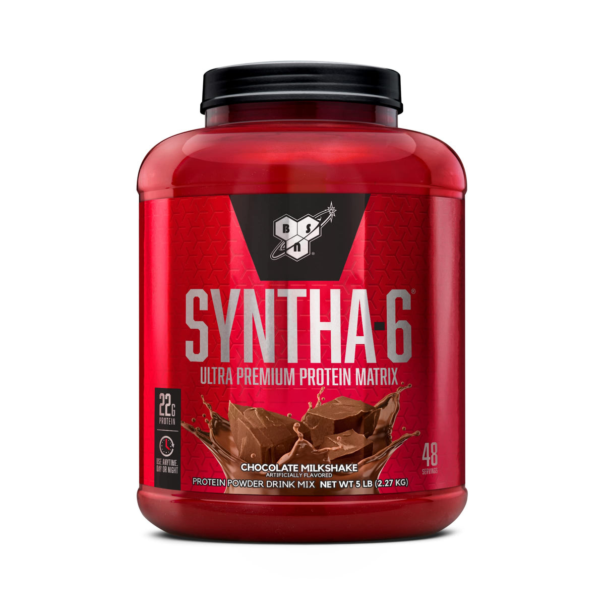 BSN SYNTHA-6 protein powder tub ready to mix after workouts.