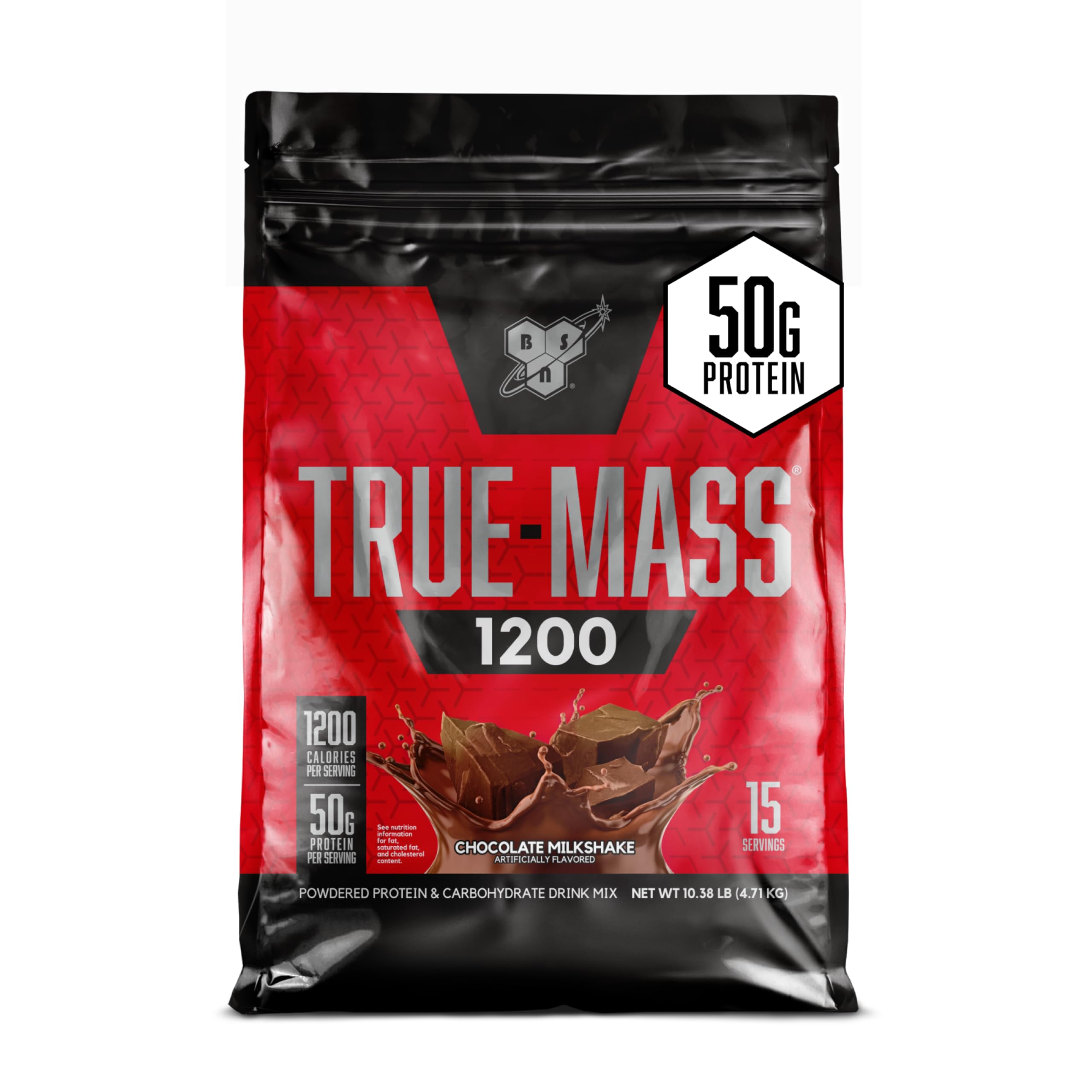 BSN TRUE-MASS 1200 bottle front with chocolate flavor for post-workout fueling.
