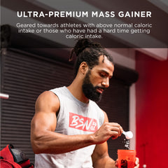 BSN True-Mass 4-1 macros ratio guides calorie-dense shakes.