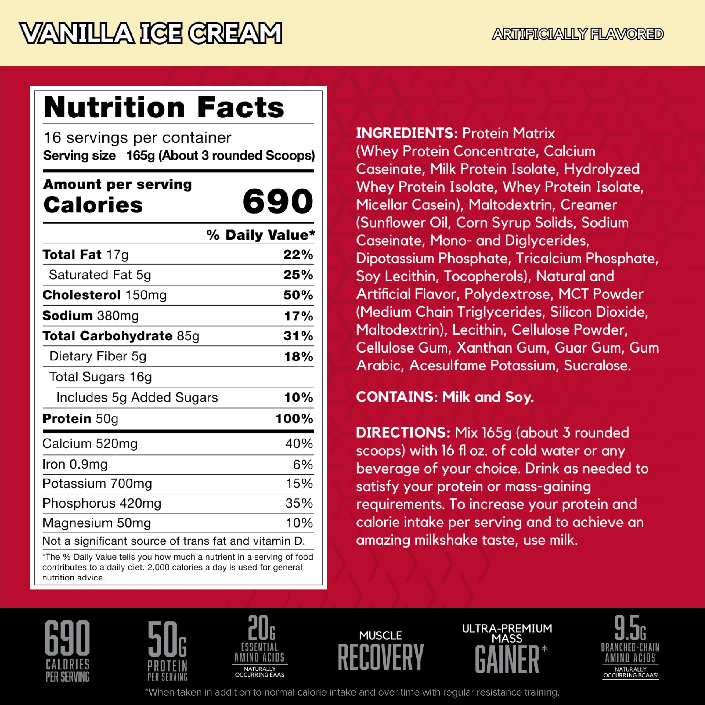 BSN TRUE-MASS canister close-up showing premium protein sources