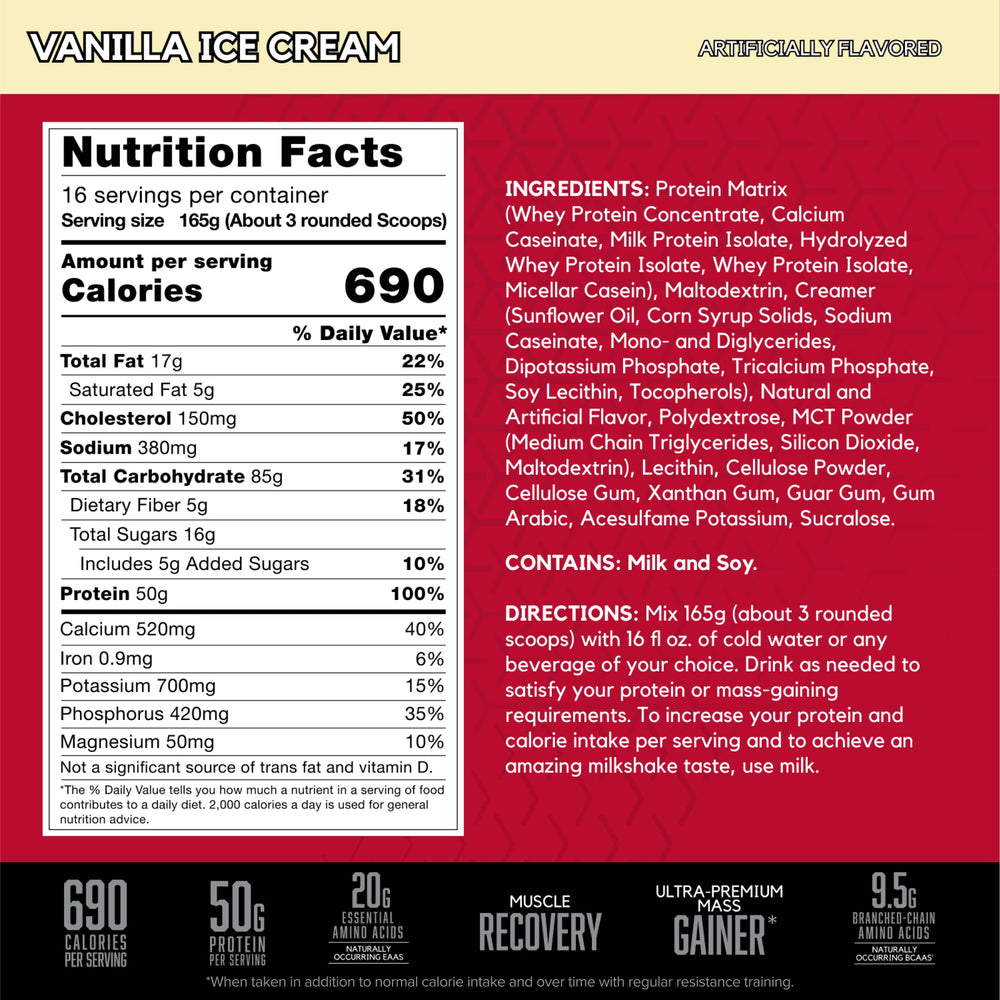 BSN TRUE-MASS canister close-up showing premium protein sources