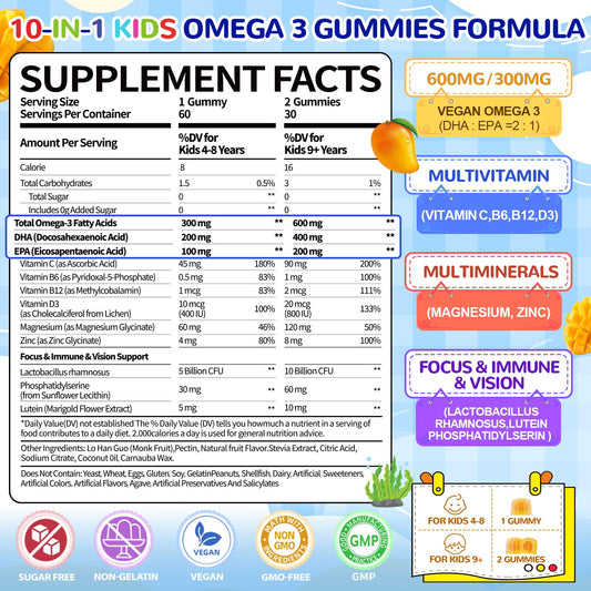 BSSTABBON kids omega-3 label close-up shows DHA/EPA formulation.