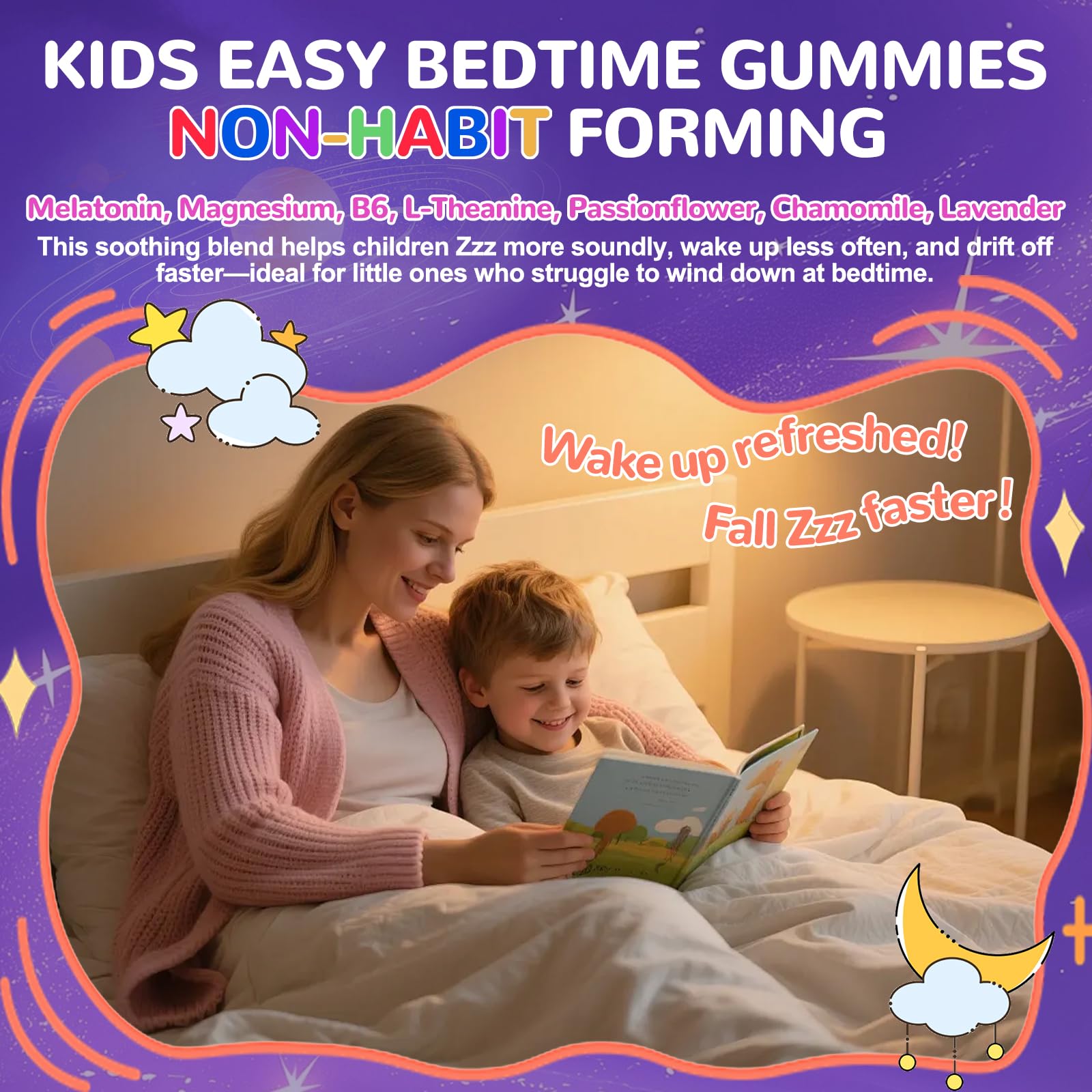 Bedtime ritual scene with gummies emphasizing a gentle pre-sleep routine