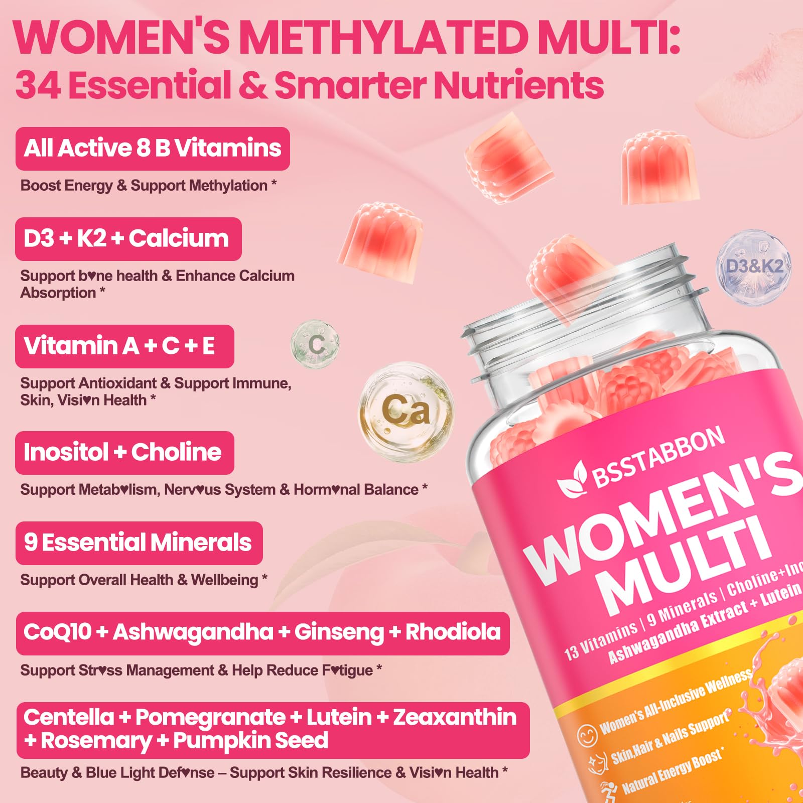 BSSTABBON gummy close-up highlighting methylated vitamins for absorption.