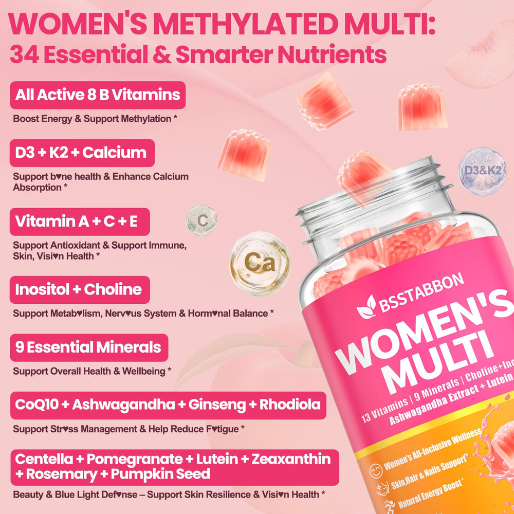 BSSTABBON gummy close-up highlighting methylated vitamins for absorption.