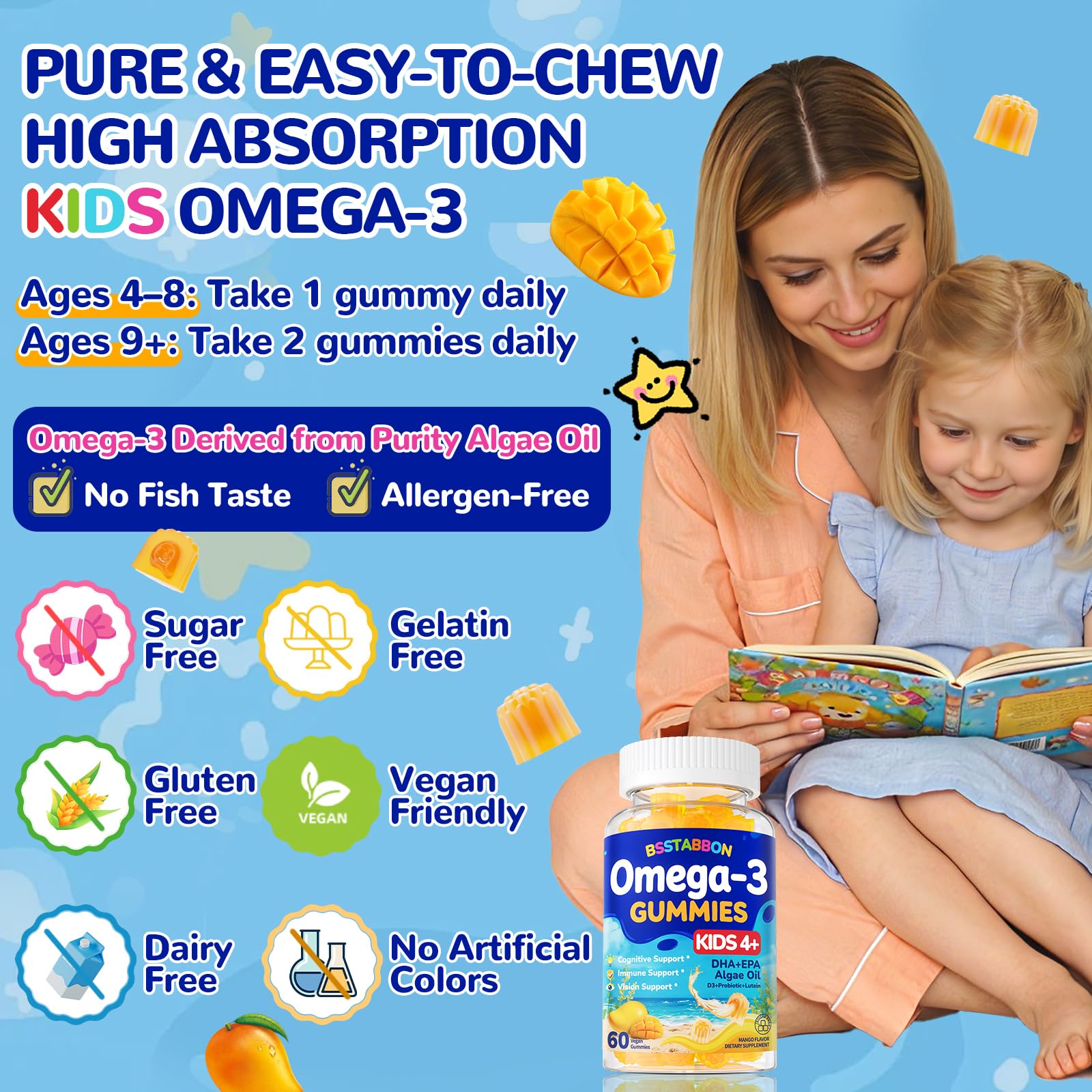 BSSTABBON vegan omega-3 kids gummies package appeals to health-conscious families.
