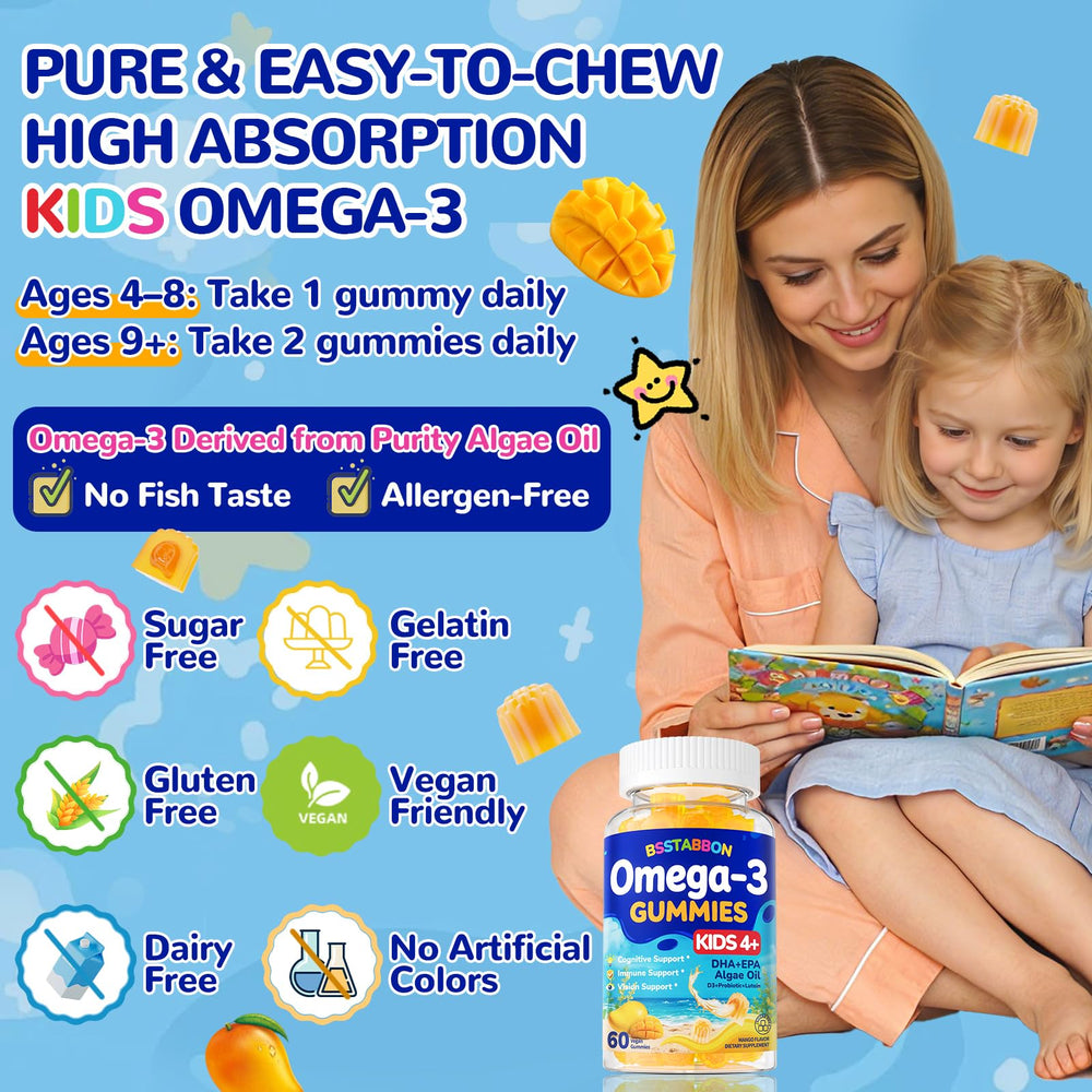 BSSTABBON vegan omega-3 kids gummies package appeals to health-conscious families.