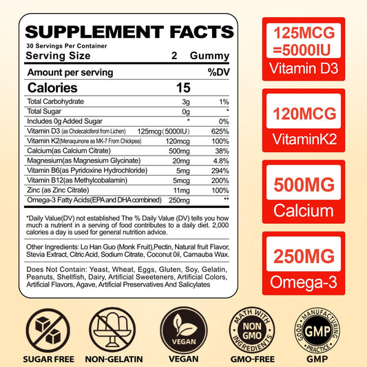 BSSTABBON Vitamin D3 K2 gummies ingredients panel highlights D3, K2, magnesium, and Omega-3.