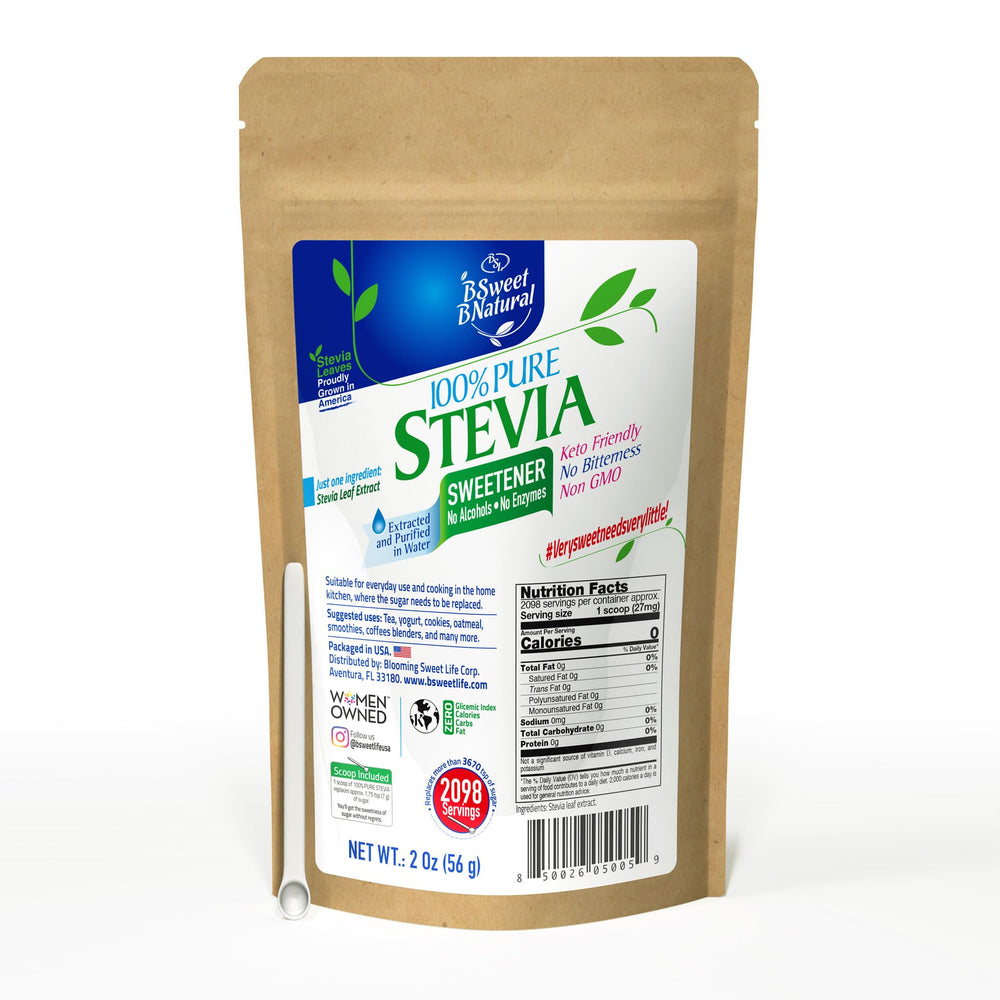 BSweetBNatural stevia powder bottle front showing zero-calorie sweetness.