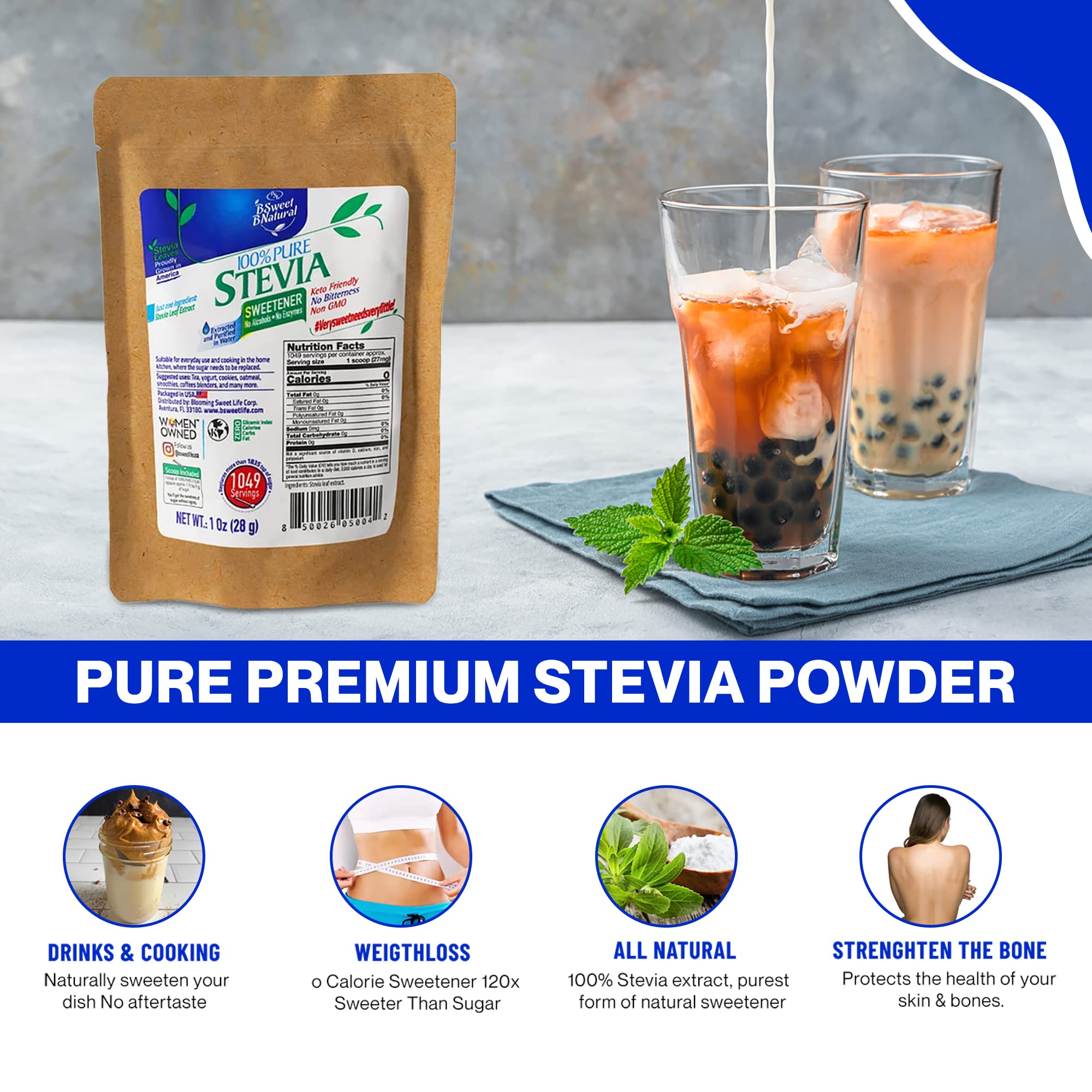 BSweetBNatural stevia powder inside scoop demonstrates convenient sugar replacement.