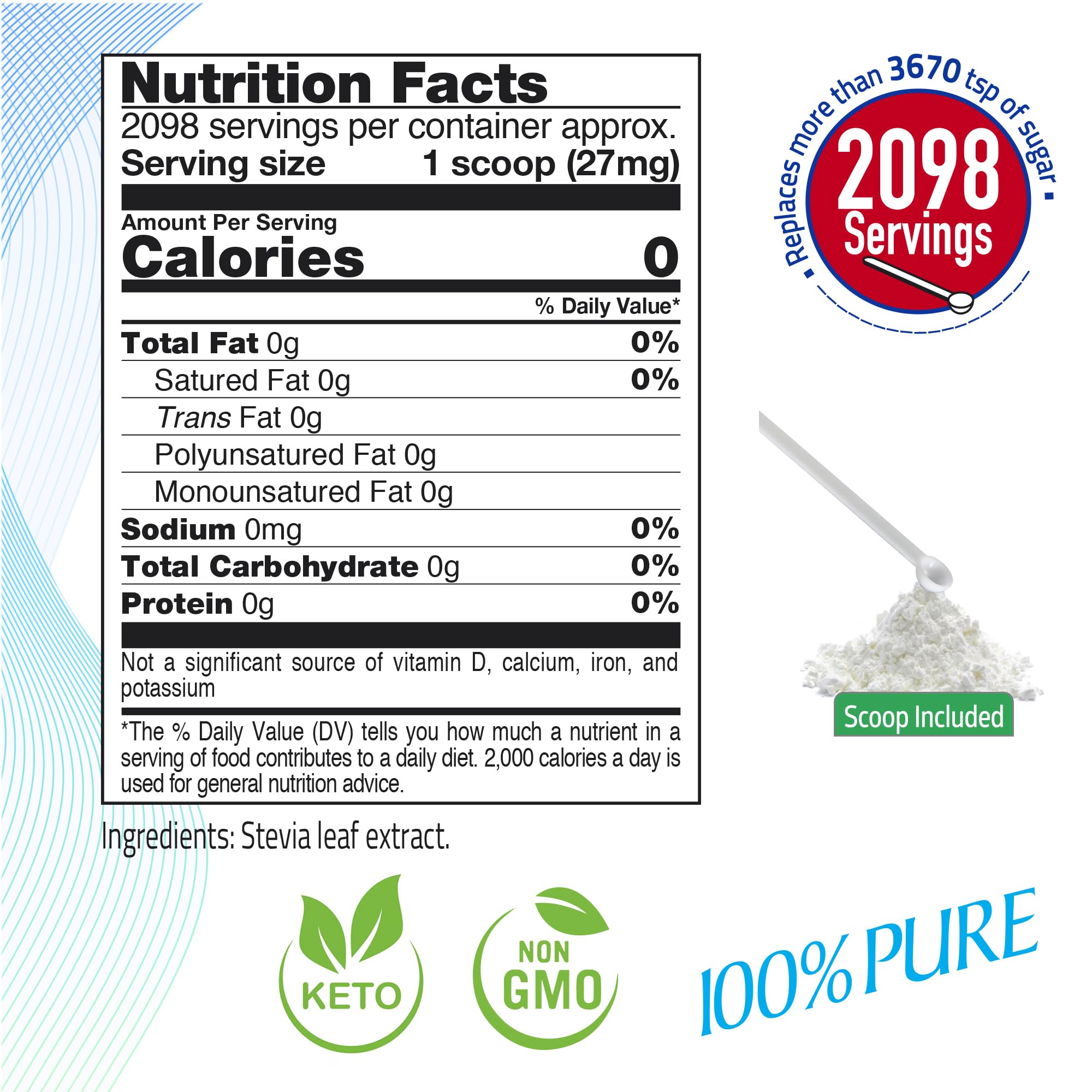 BSweetBNatural stevia powder packaging label highlights kosher and vegan credentials.