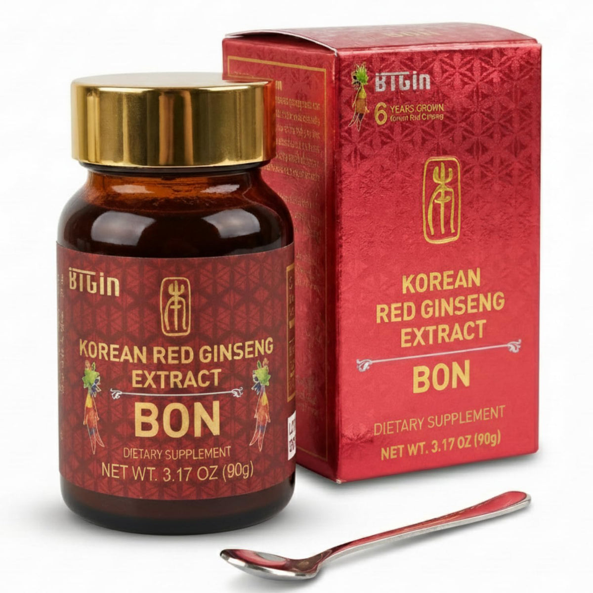BTGIN Bon Korean Red Panax Ginseng extract bottle close-up with pure concentrate and energy emphasis