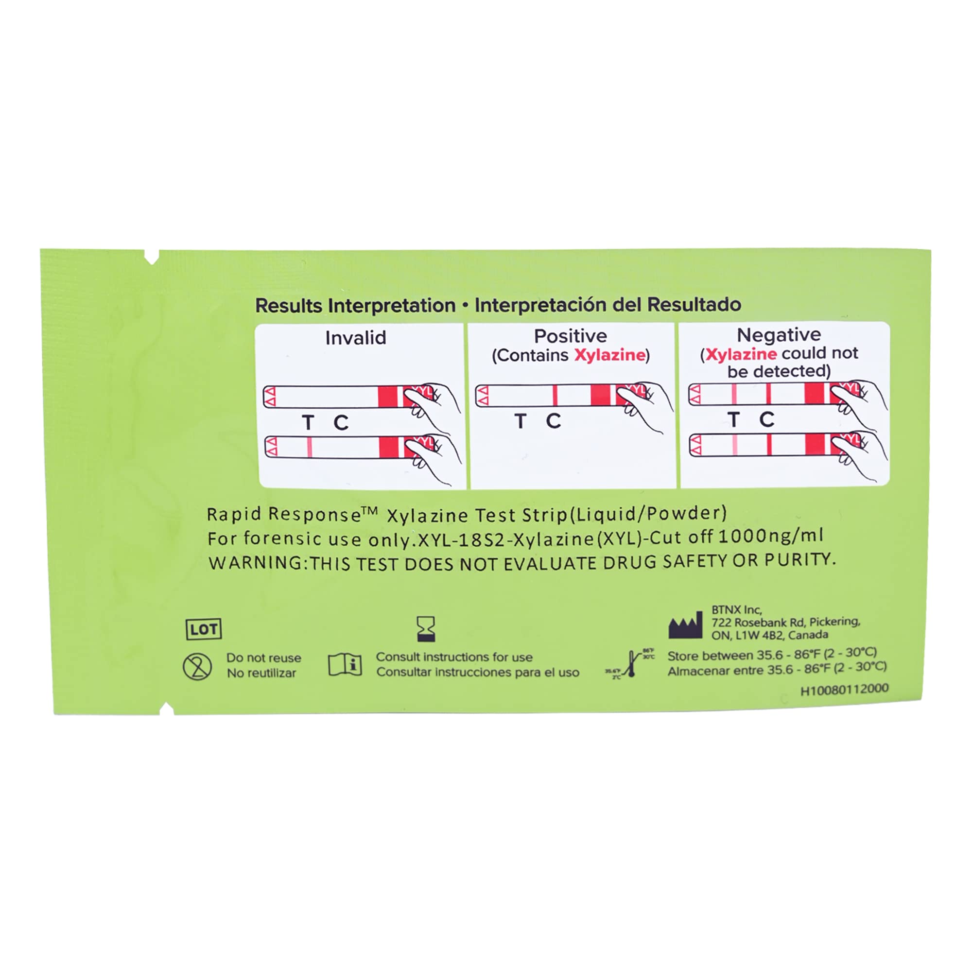 BTNX Rapid Response Xylazine test strip result illustration showing control and test lines.