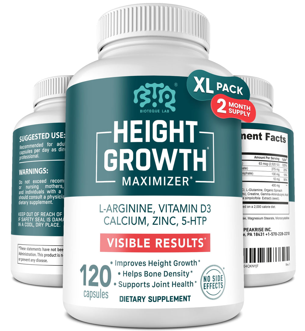 BTQ Biotequelab Height Growth bottle front showing a natural bone support supplement for growing teens