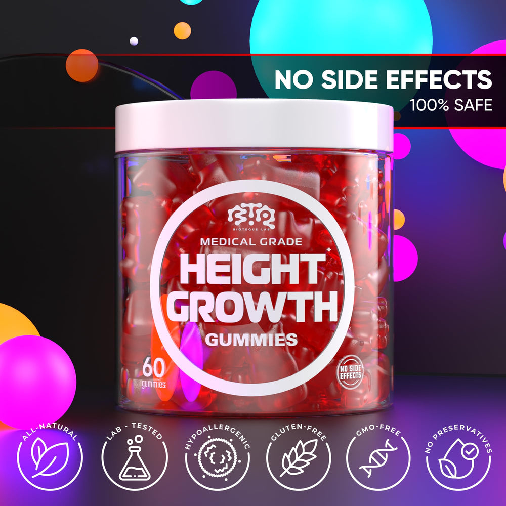 BTQ Biotequelab Height Growth Gummies ingredients label close-up showing minerals and vitamins.