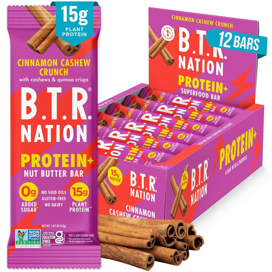 B.T.R. Nation Cinnamon Cashew Crunch bar close-up, crispy texture for keto-friendly snacking