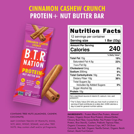 B.T.R. Nation Cinnamon Cashew Crunch bar with cashews and quinoa crisps for post-workout energy