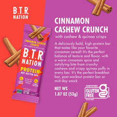 B.T.R. Nation Cinnamon Cashew Crunch bar highlighting plant-based protein and fiber benefits