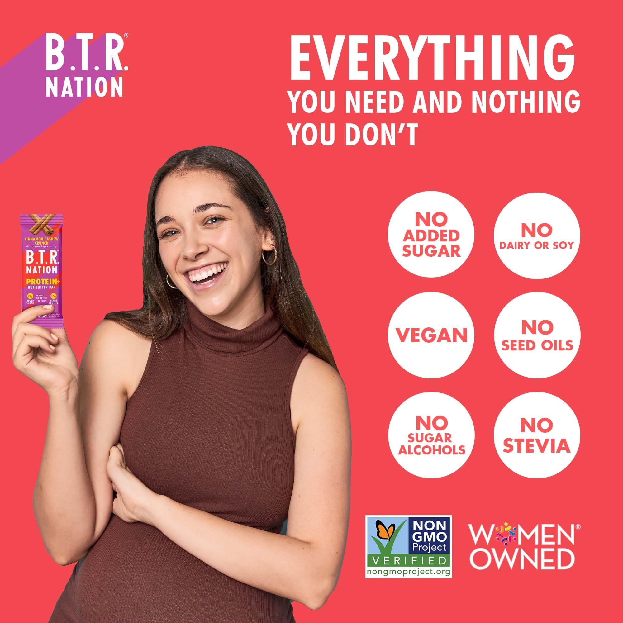 B.T.R. Nation Cinnamon Cashew Crunch in gym setting, convenient protein snack