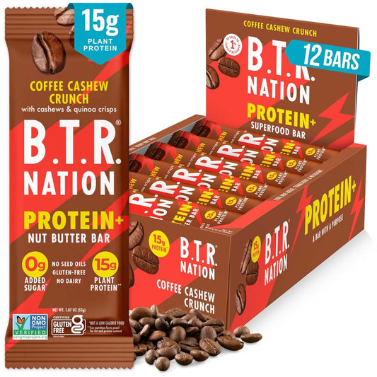 B.T.R. Nation Coffee Cashew Crunch Bar shows a crisp vegan snack with energy-boosting protein