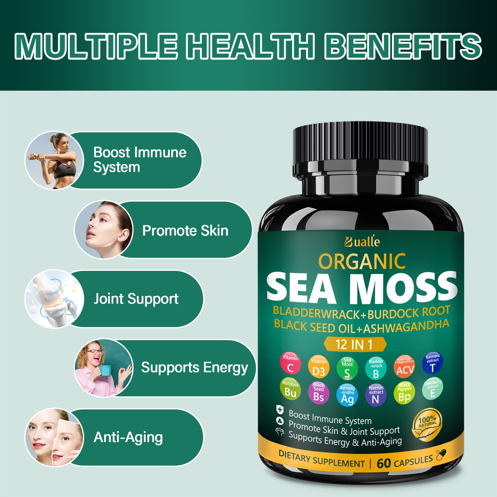 Bualle 12-in-1 formula ingredients montage illustrating nutrient synergy