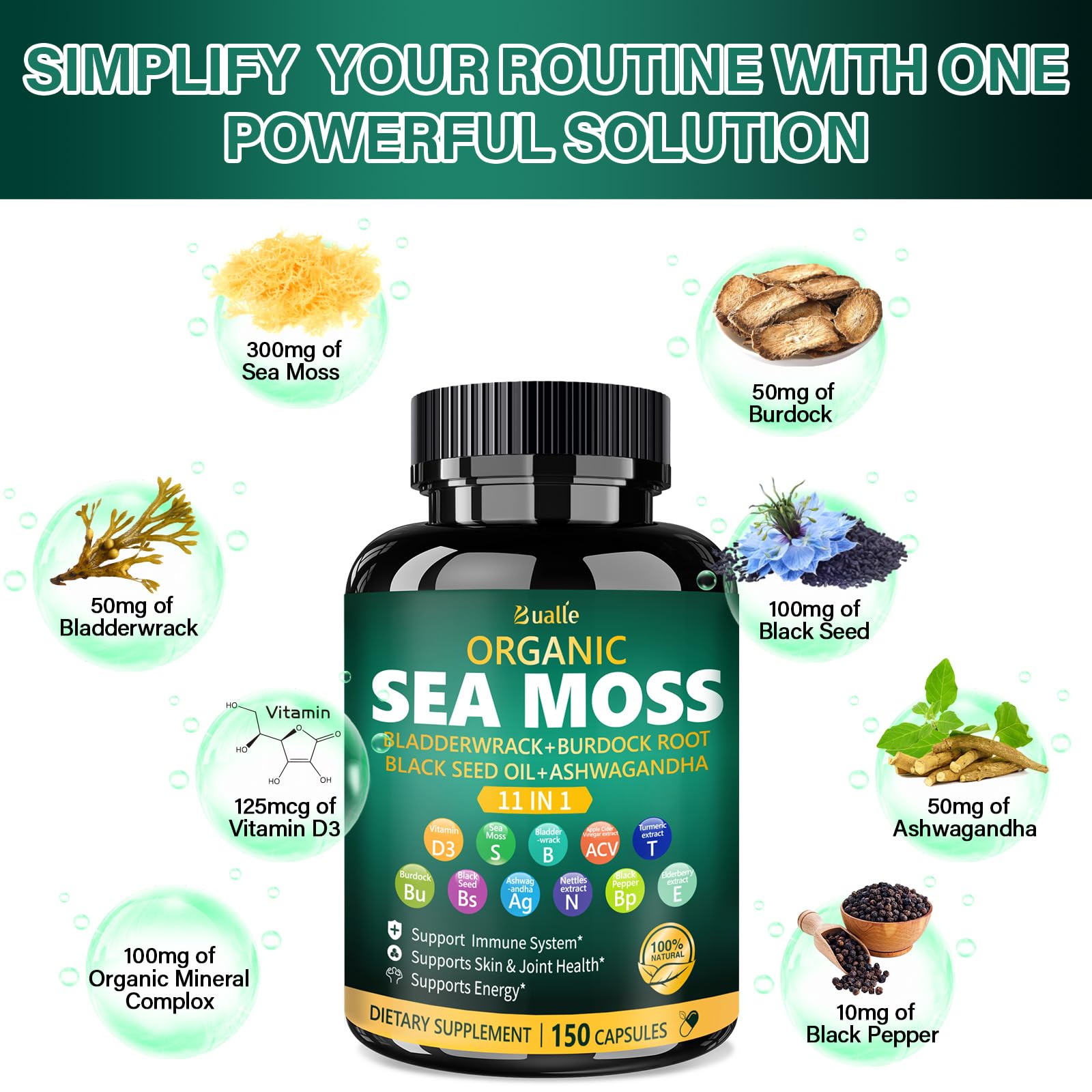 Bualle black seed oil capsules laid out for everyday wellness.