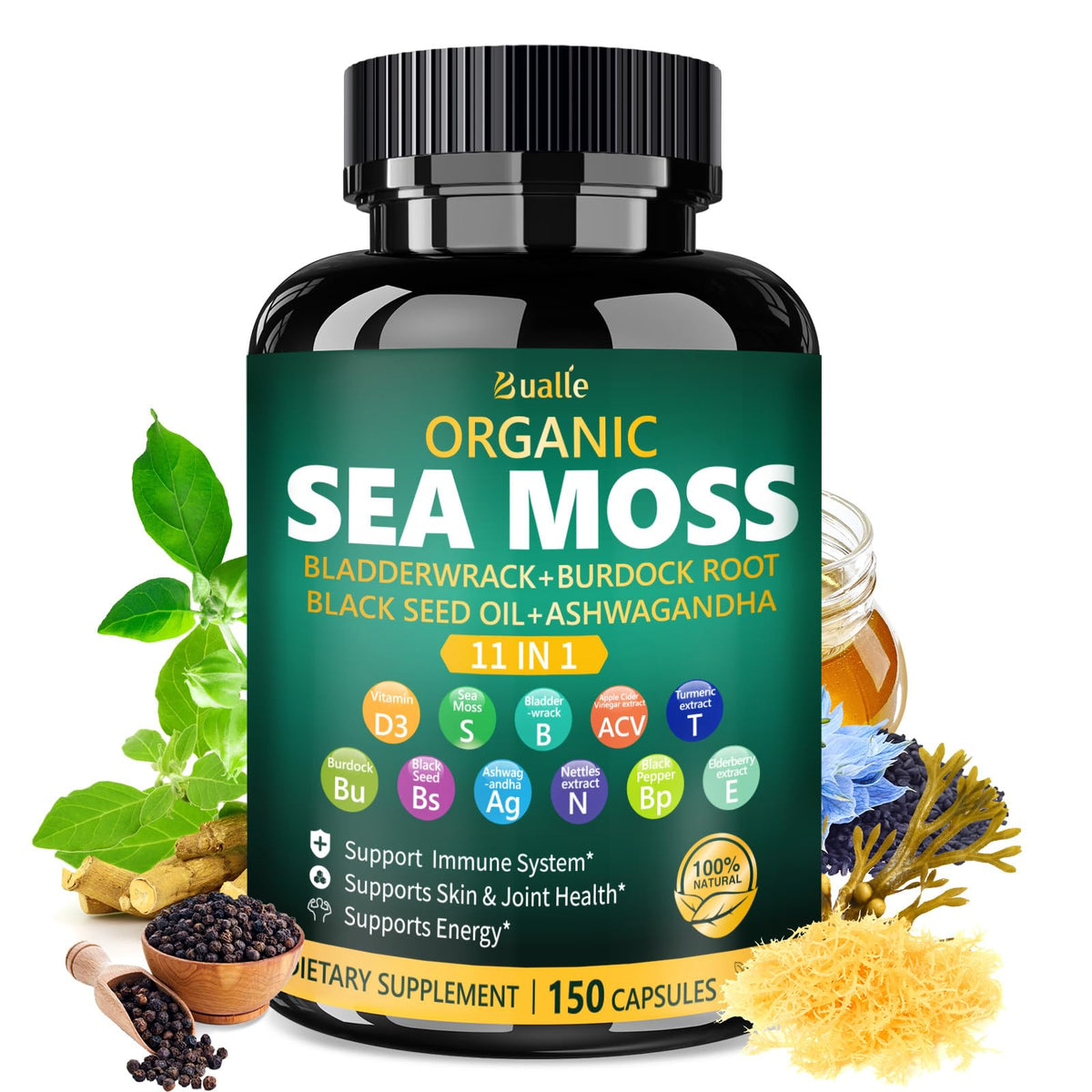 Bualle Irish Sea Moss Capsules bottle for daily wellness support.