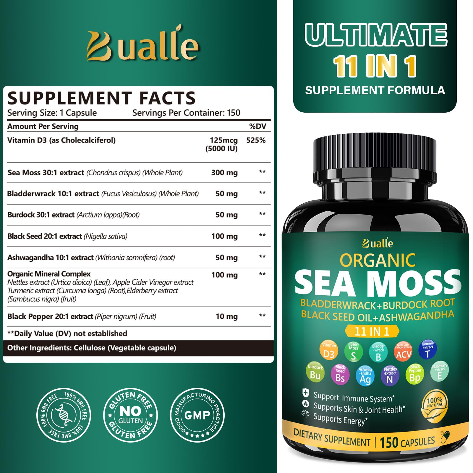 Closeup of Bualle sea moss capsules for convenient daily use.