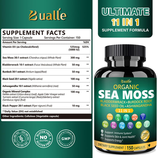 Closeup of Bualle sea moss capsules for convenient daily use.