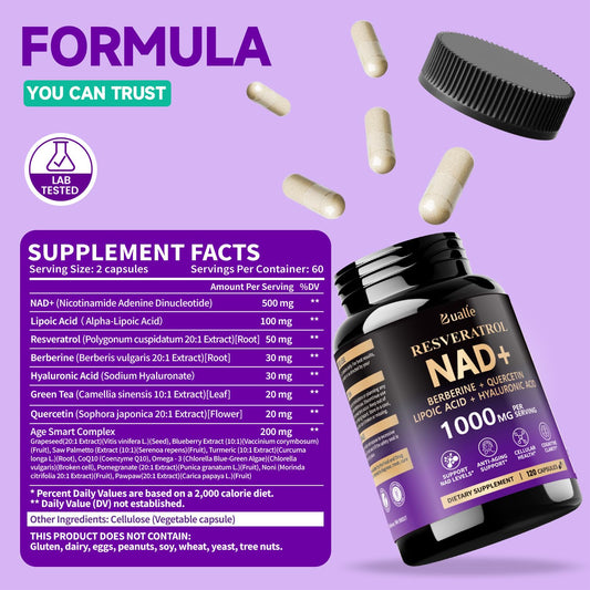 Close-up of Bualle NAD capsules highlighting easy swallowing and absorption.
