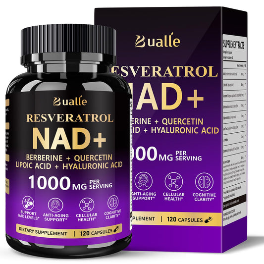 Bualle NAD supplement bottle with 120 capsules for daily vitality.