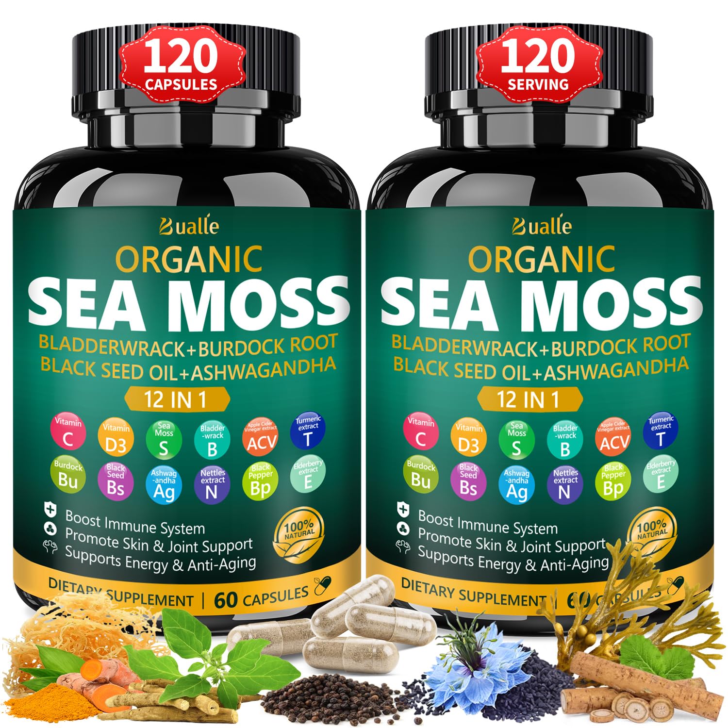 Bualle Sea Moss Capsules bottle showing convenient daily use