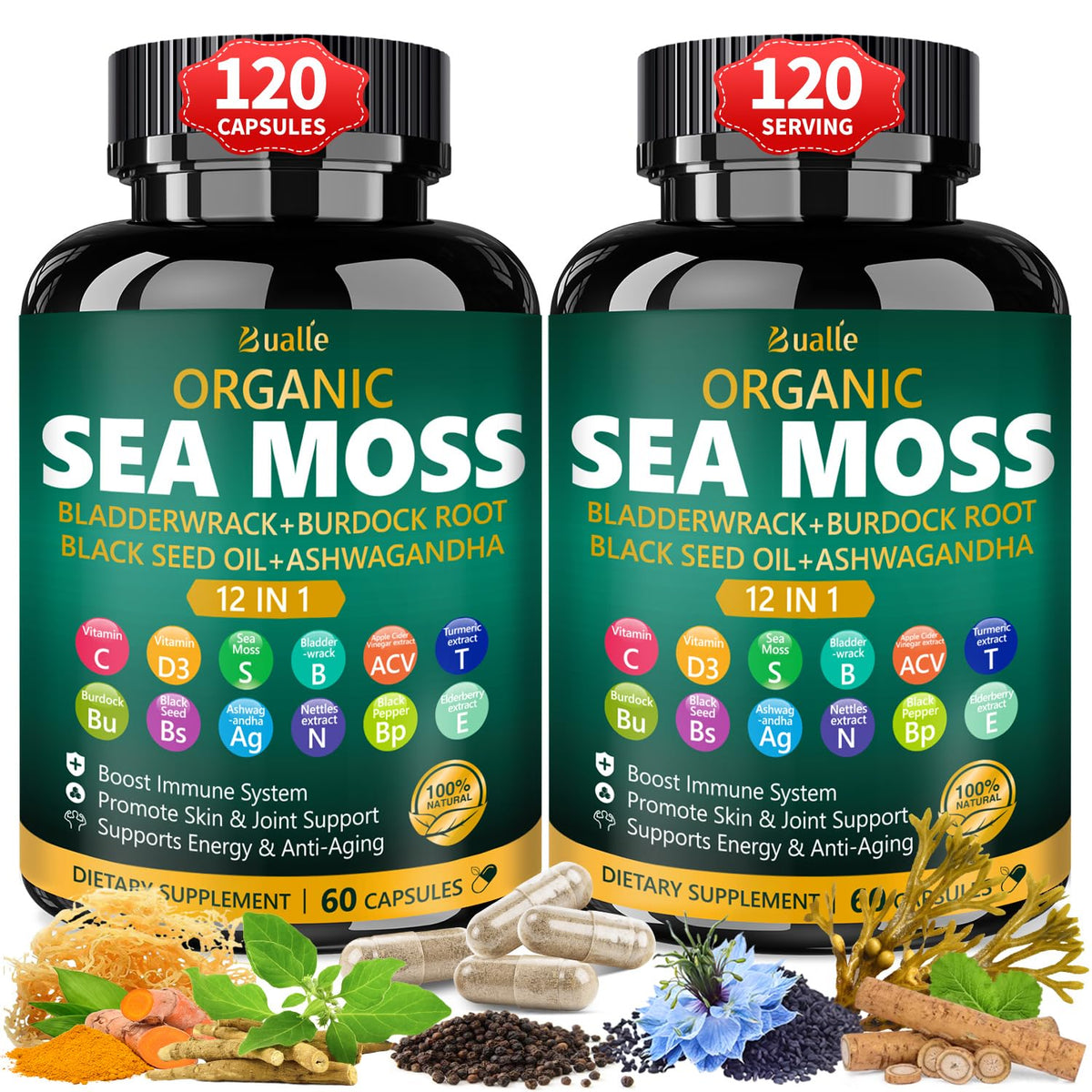 Bualle Sea Moss Capsules bottle showing convenient daily use