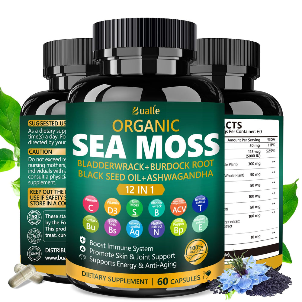 Close-up of Bualle Sea Moss Capsules label highlighting organic blend