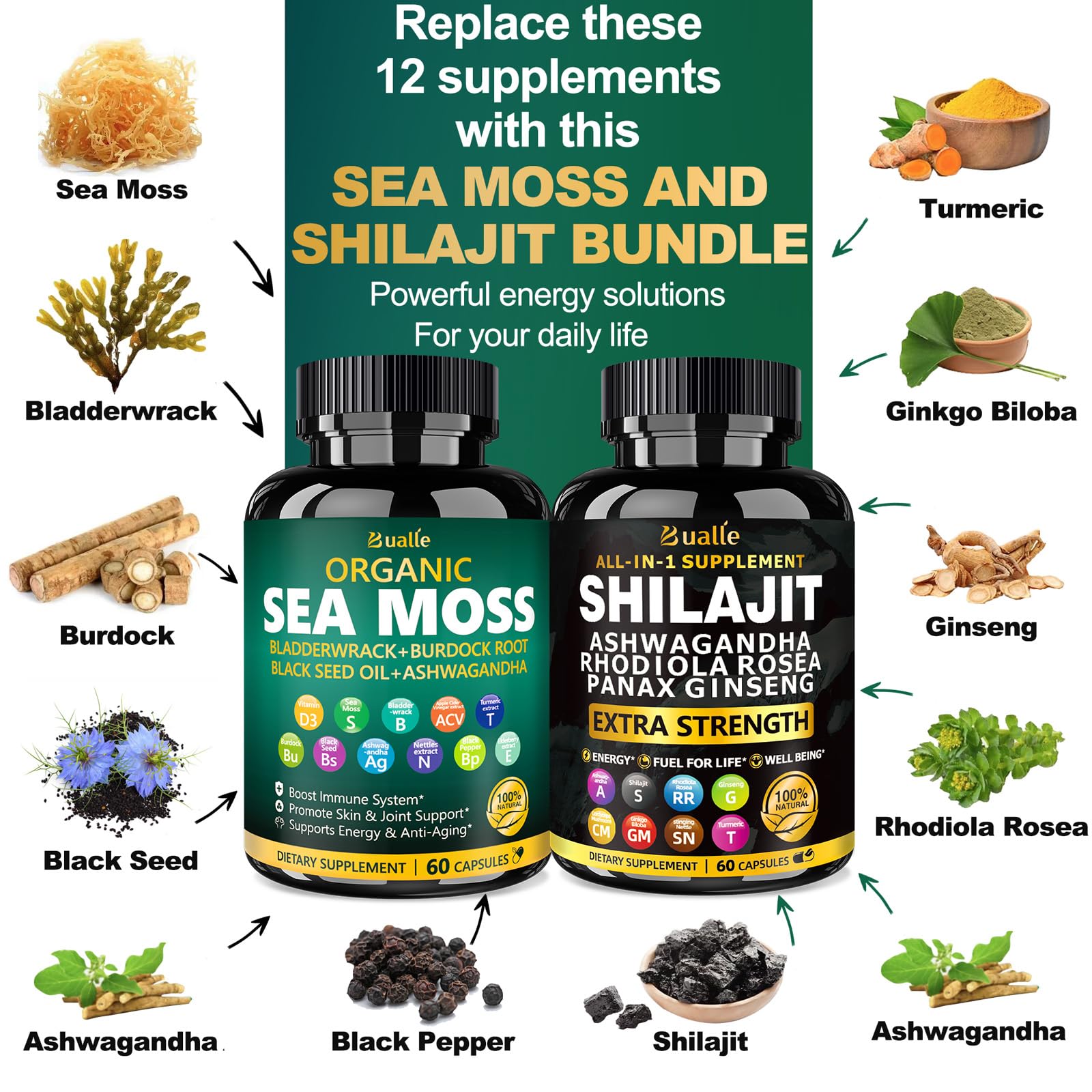 Close-up of Bualle sea moss and shilajit capsules