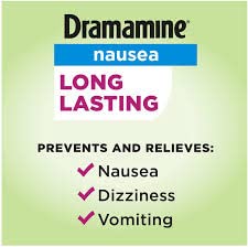 Bubbacare Dramamine-N travel setup image suggests on-the-go relief during trips