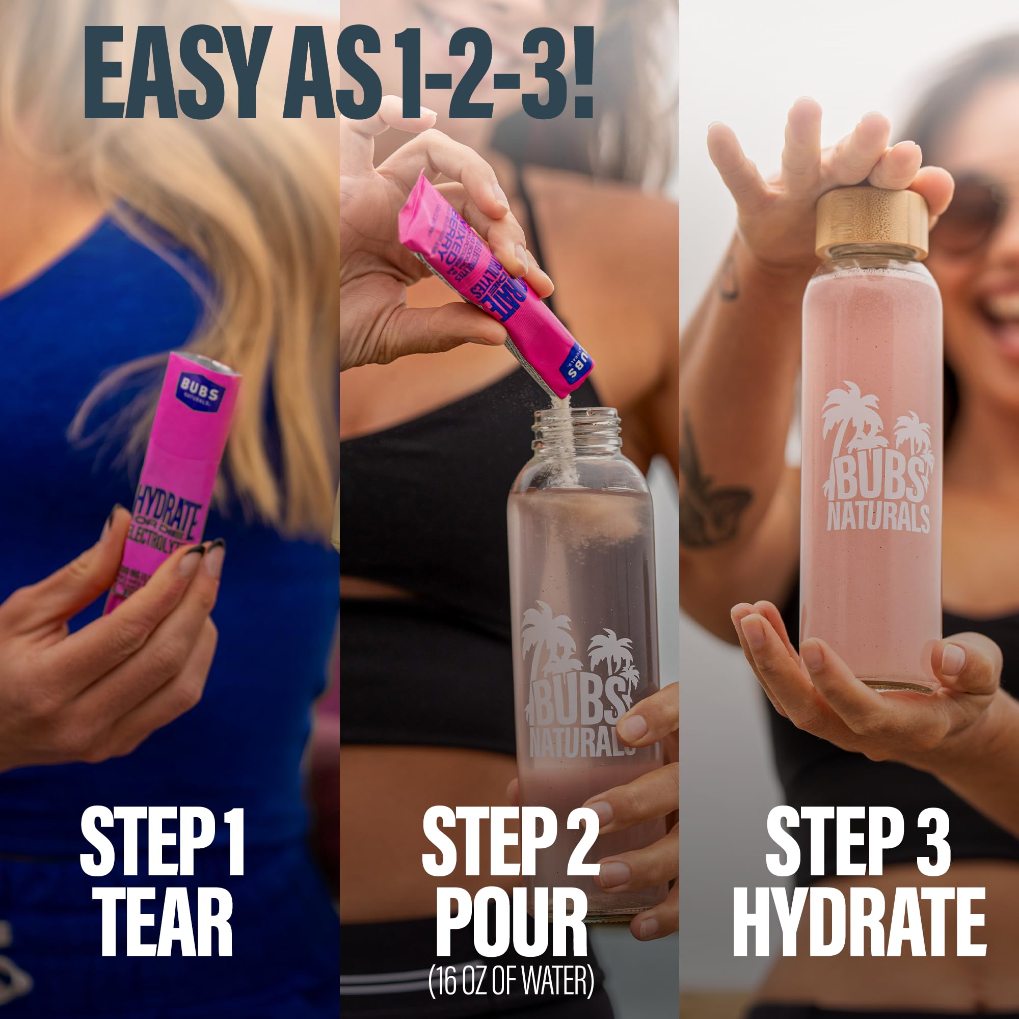 BUBS Naturals Hydrate glass with ice illustrating refreshing hydration during a workout.